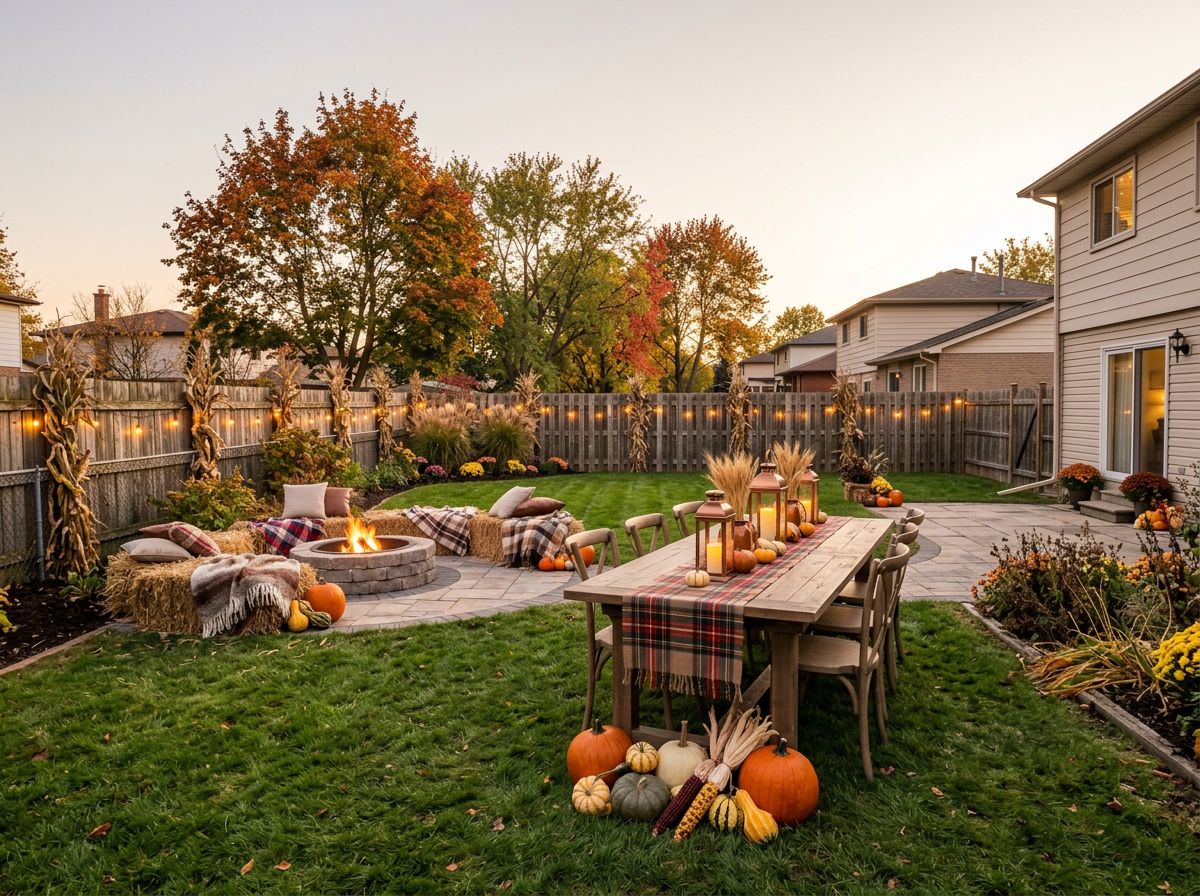 Backyard harvest gathering with farmhouse table, string lights, hay bale seating around a stone fire pit, and pumpkin decor