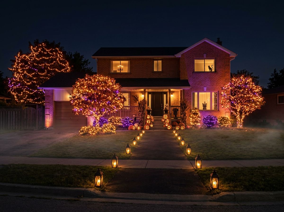 Two-story home at night with elegant orange and purple Halloween lighting, lantern-lined walkway, and pumpkins on the steps